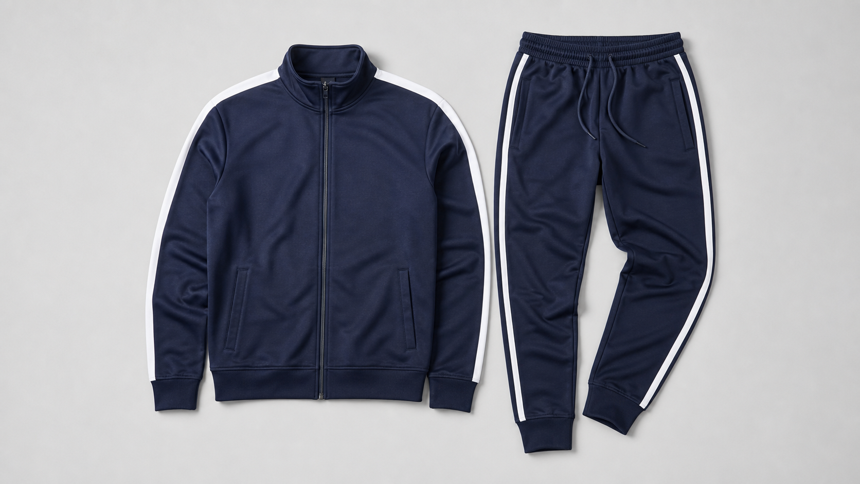 Custom tracksuits that match — jacket and pants, built as one.
