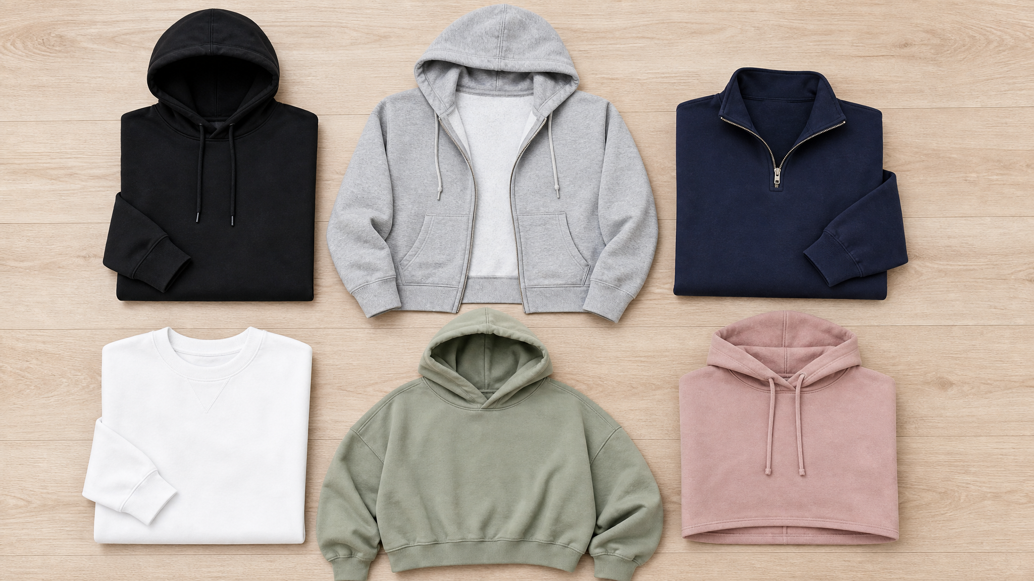 6 types of hoodies: pullover, zip-up, quarter-zip, crewneck, oversized, cropped