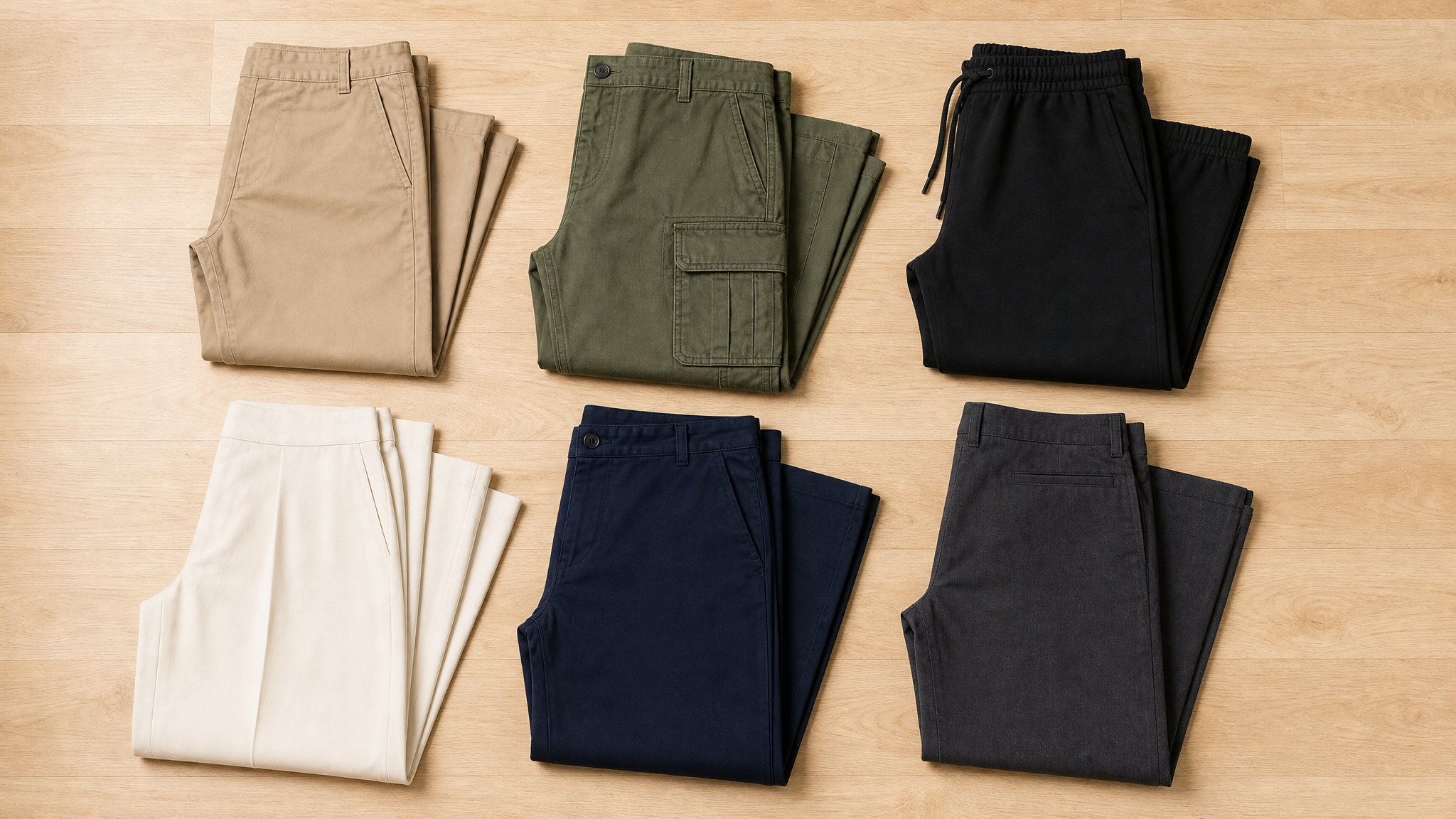6 types of pants: chinos, cargo pants, joggers, wide-leg trousers, straight-leg pants, slim pants