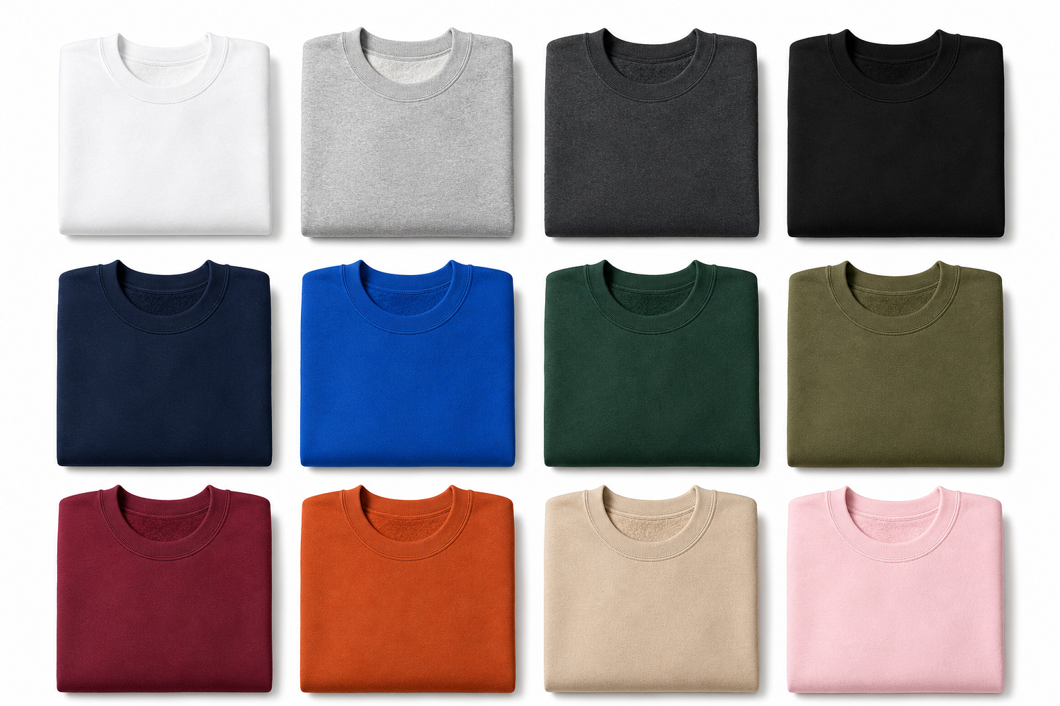 Crewneck sweatshirt color range — 12 stock colors