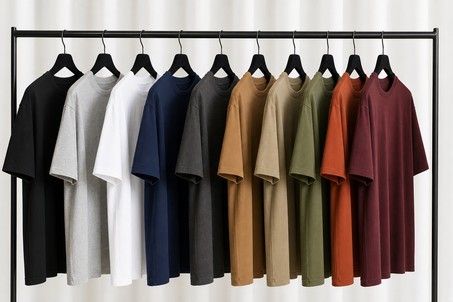 T-shirt color range — 10+ stock colors on rack